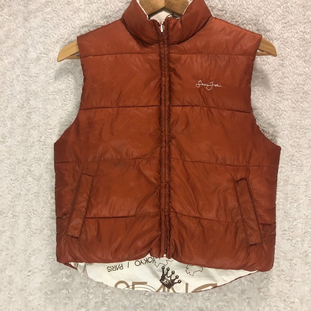 Sean John Reversible Puffer Vest Burnt Orange Graphic Print XL 7X Mens Y2K